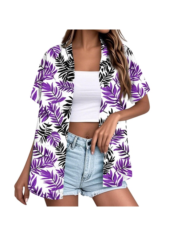 Hawaiian Shirts for Girls Beach Floral Tropical Print Hawaii T-Shirts Graphic V Neck Short Sleeve Button Down Shirts Loose Fit Tunic Tops Purple XL