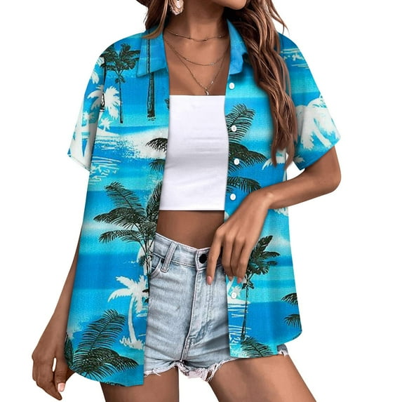 DENGDENG Hawaiian Shirts For Men And Women Short Sleeve Tropical Print T-Shirts Summer Button Down Collar Tops Loose Fit Beach Graphic Tee Casual Trendy Blouse 2024 Sky Blue S