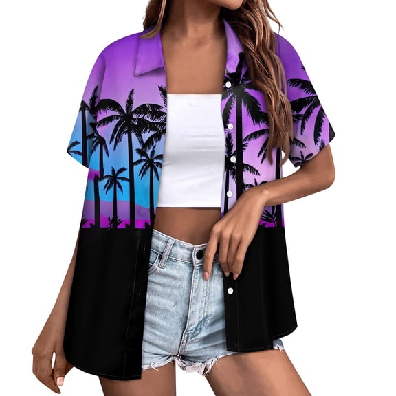 DENGDENG Hawaiian Shirts For Men And Women Short Sleeve Tropical Print T-Shirts Summer Button Down Collar Tops Loose Fit Beach Graphic Tee Casual Trendy Blouse 2024 Purple L