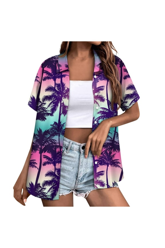 Hawaiian Shirts For Men And Women Short Sleeve Tropical Print T-Shirts Summer Button Down Collar Tops Loose Fit Beach Graphic Tee Casual Trendy Blouses 2024 Light Purple S