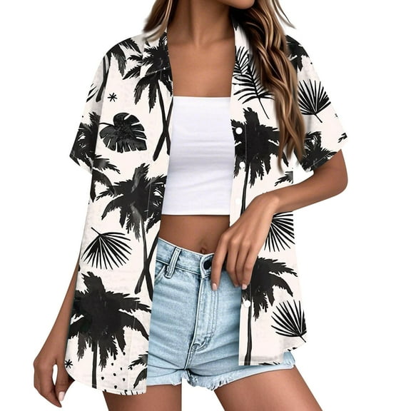 DENGDENG Hawaiian Shirts for Women 2025 V Neck Floral Tropical Print Button Down Shirts Lightweight Beach Short Sleeve Tshirts Plus Size Tunic Tops White XL
