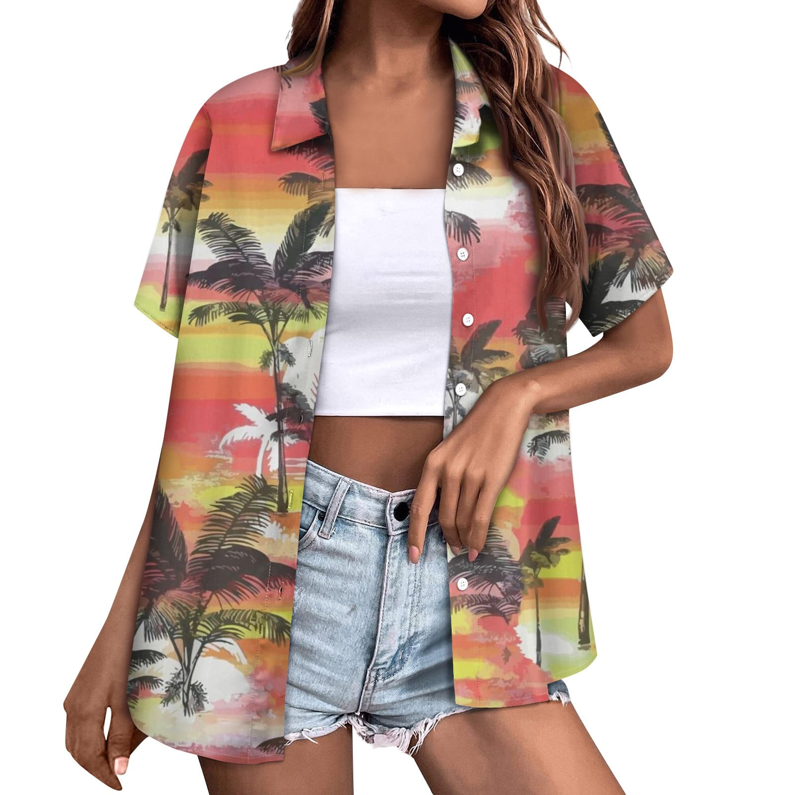 DENGDENG Hawaiian Shirts For Women Party Short Sleeve Tropical Print T ...