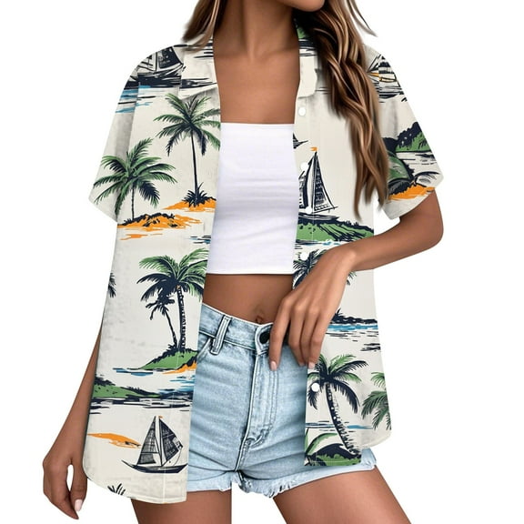 DENGDENG Hawalian Shirt for Women Size Medium Summer Floral Tropical Print Hawaii T-Shirts Dressy Short Sleeve Beach Button Down Shirts Trendy Tops Beige XL