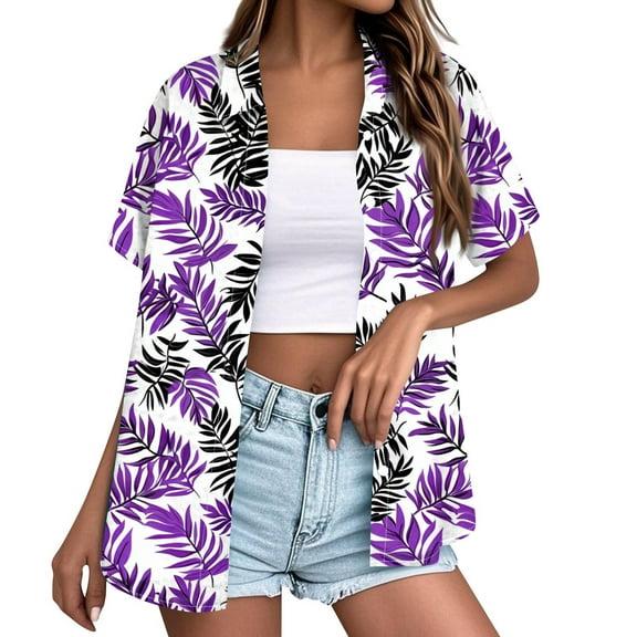 DENGDENG Hawalian Shirt for Women Size Medium V Neck Tropical Print Button Down Shirts Loose Fit Summer Short Sleeve Basic Tees Holiday Tops Blouses Purple M