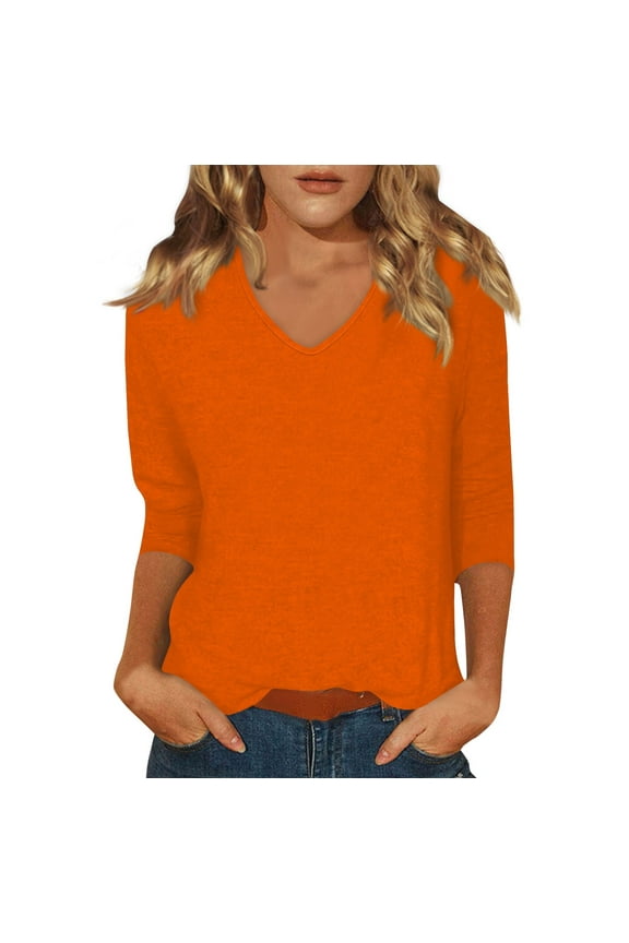 Ladies 3/4 Length Sleeve Tops Elbow Sleeve Summer T-Shirts Work Casual V Neck Shirts Fashion 2025 Three Quarter Length Blouses Solid Color Loose Pullover Top Orange S