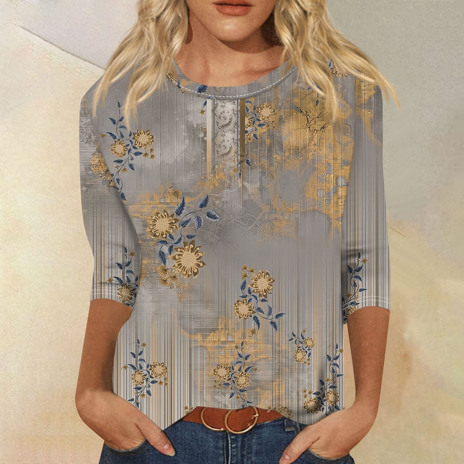 DENGDENG Ladies 3/4 Length Sleeve Tops Petite Floral Crew Neck Plain T