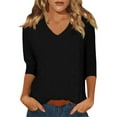 thumbnail image 1 of DENGDENG Ladies 3/4 Sleeve Tops Summer V-Neck Basic Tees Plus Size Casual Elbow Sleeve Blouse Trendy Three Quarter Length Shirts Boho Pullover Top Black XL, 1 of 5