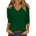 thumbnail image 1 of DENGDENG Ladies Dressy Tops 3/4 Sleeve Casual V Neck Tshirts Solid Color Summer Elbow Sleeve Tunics Petite Three Quarter Length Shirts Fashion 2025 Pullover Top Dark Green L, 1 of 5