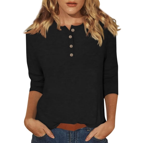 DENGDENG Ladies Shirts 3/4 Sleeve Summer Round Neck Tops Button Down Elbow Casual Basic Tees Business Three Quarter Length Blouses Boho Petite Tunic Tops Black XL
