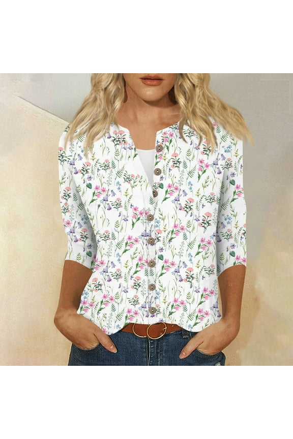 Ladies Three Quarter Sleeve Tops Casual Summer Button Down Shirt Floral Print Elbow Cardigan Shirts Three Quarter Length Petite T Shirts Loose Fit Tunic Tops 2024 Light pink 3XL