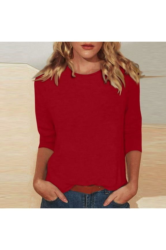 Ladies Three Quarter Sleeve Tops Casual Summer Tshirts Elbow Boat Neck Tunics Loose Three Quarter Length Shirts Solid Color Trendy Blouses Red M