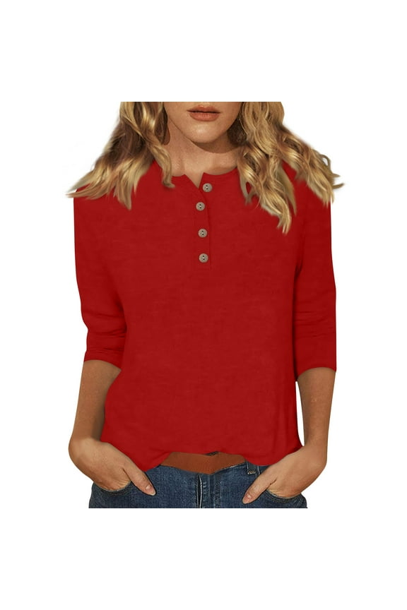 Womens 3/4 Sleeve T Shirts Cotton Medium Button Down Casual Tshirts Summer Elbow Crew Neck Blouses Business Three Quarter Length Shirts Spring Pullover Red XL