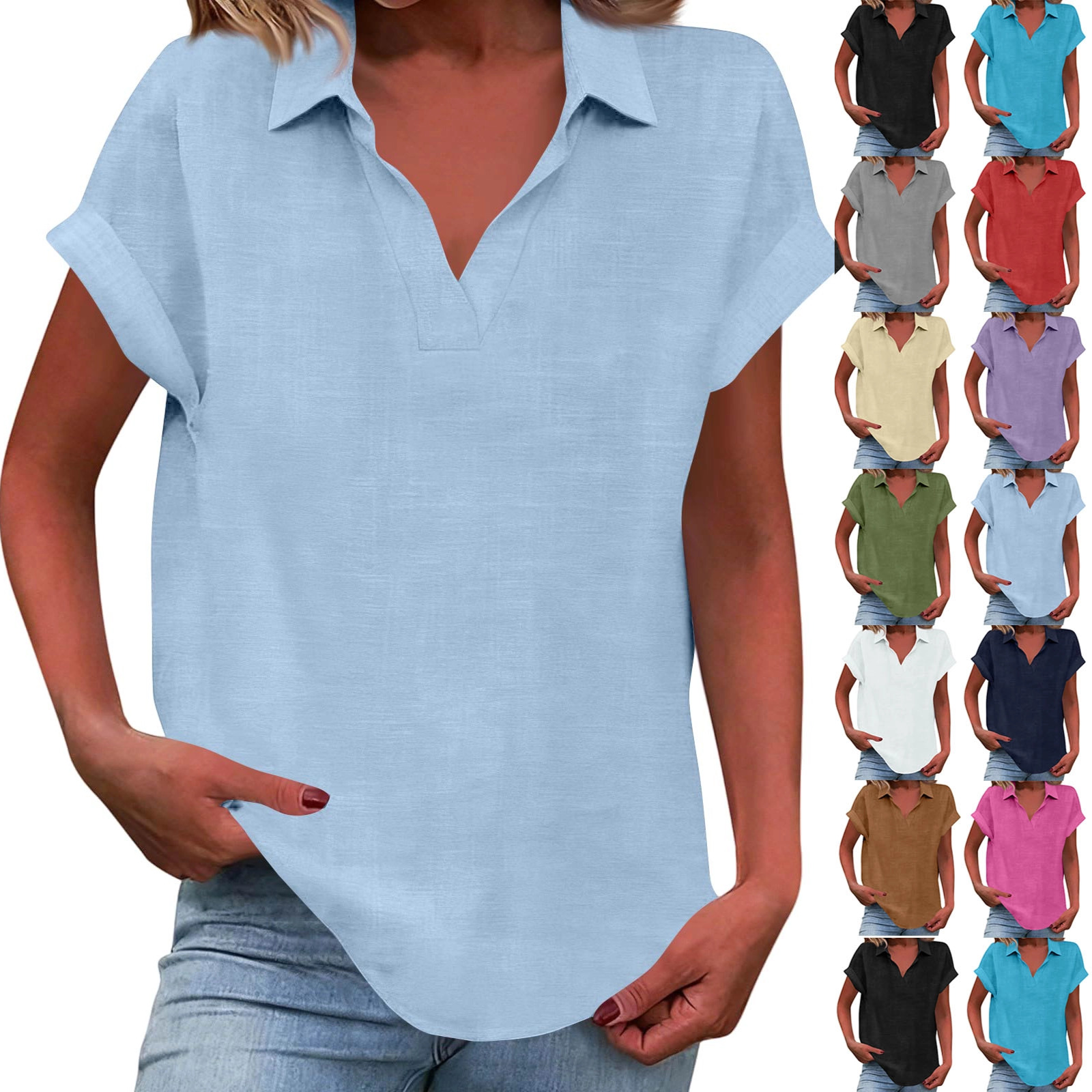 DENGDENG Linen Shirts for Women Summer Tunic Tops Short Sleeve V Neck ...