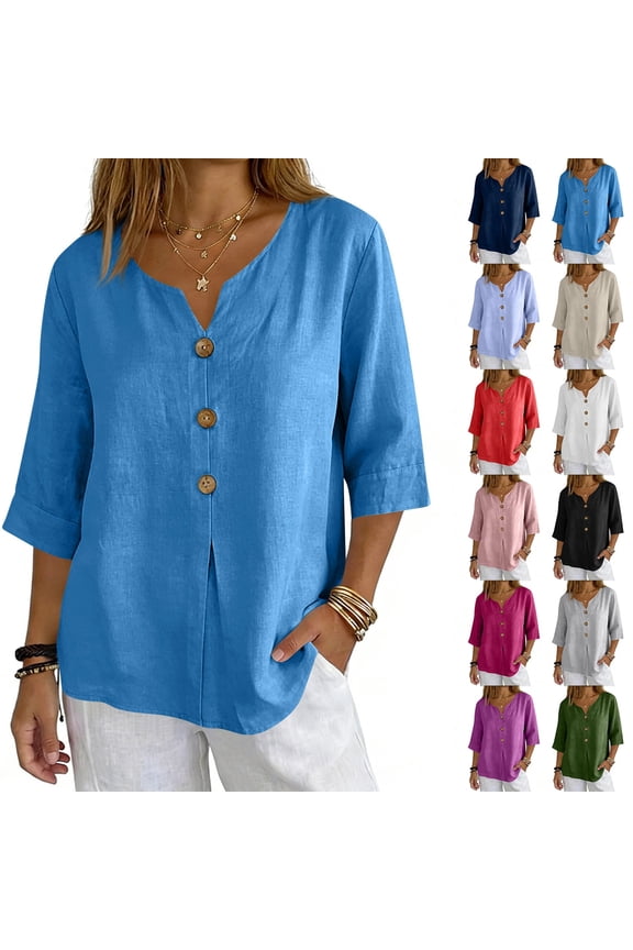 Linen Shirts for Women V Neck 3/4 Length Sleeve Cotton Linen Loose Fit Casual Blouses Pullover Tops, #02 Blue XXL