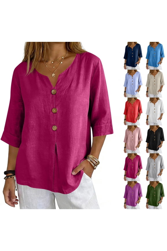 Linen Shirts for Women V Neck 3/4 Length Sleeve Cotton Linen Loose Fit Casual Blouses Pullover Tops, #02 Hot Pink L