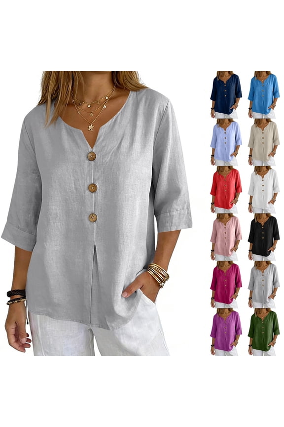 Linen Shirts for Women V Neck 3/4 Length Sleeve Cotton Linen Loose Fit Casual Blouses Pullover Tops, #02 Light Gray XL