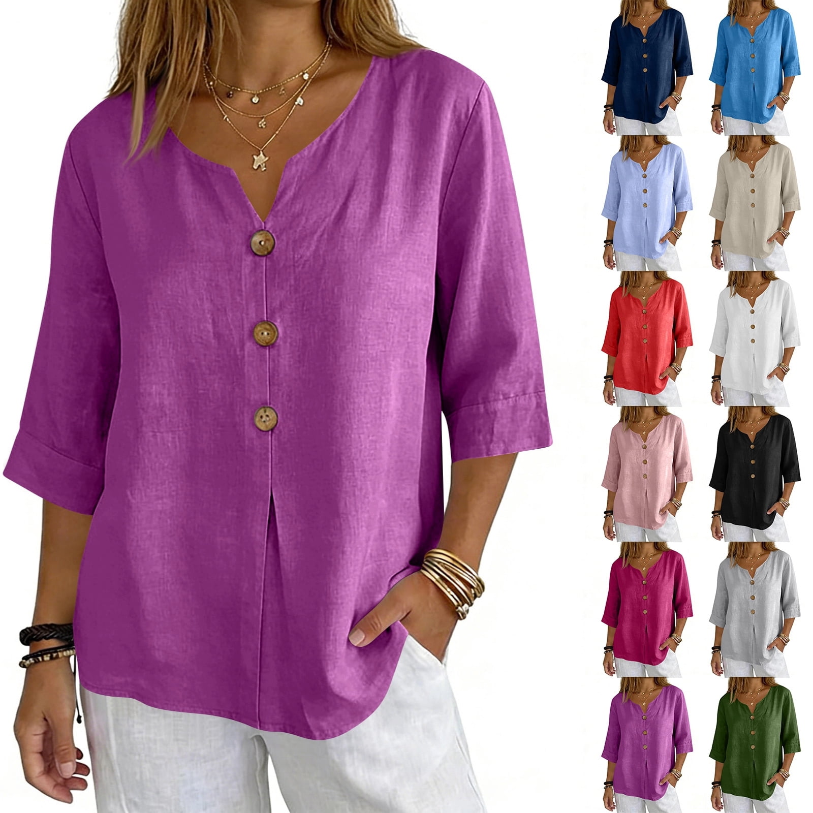DENGDENG Linen Shirts for Women V Neck 3/4 Length Sleeve Cotton Linen ...