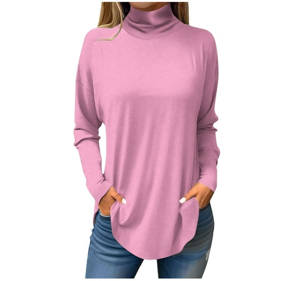 DENGDENG Long Sleeves Shirts for Women Turtleneck Tunic Tops To Wear with Leggings Plus Size Solid Color Turtle Neck Blouses Winter Loose Fit Pullover Sweatshirts Holiday Fall Clothes Pink M