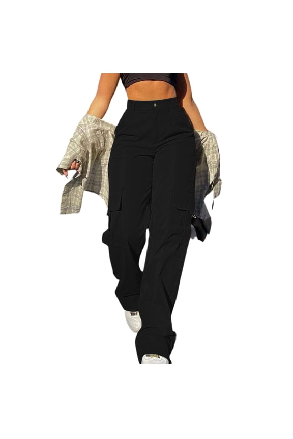 Low Rise Cargo Pants Women Petite Elastic High Waisted Work Parachute Pants Cute Casual Long Pants with Pockets Fashion Y2k Streetwear Baggy Wide Leg Sweatpants Black S