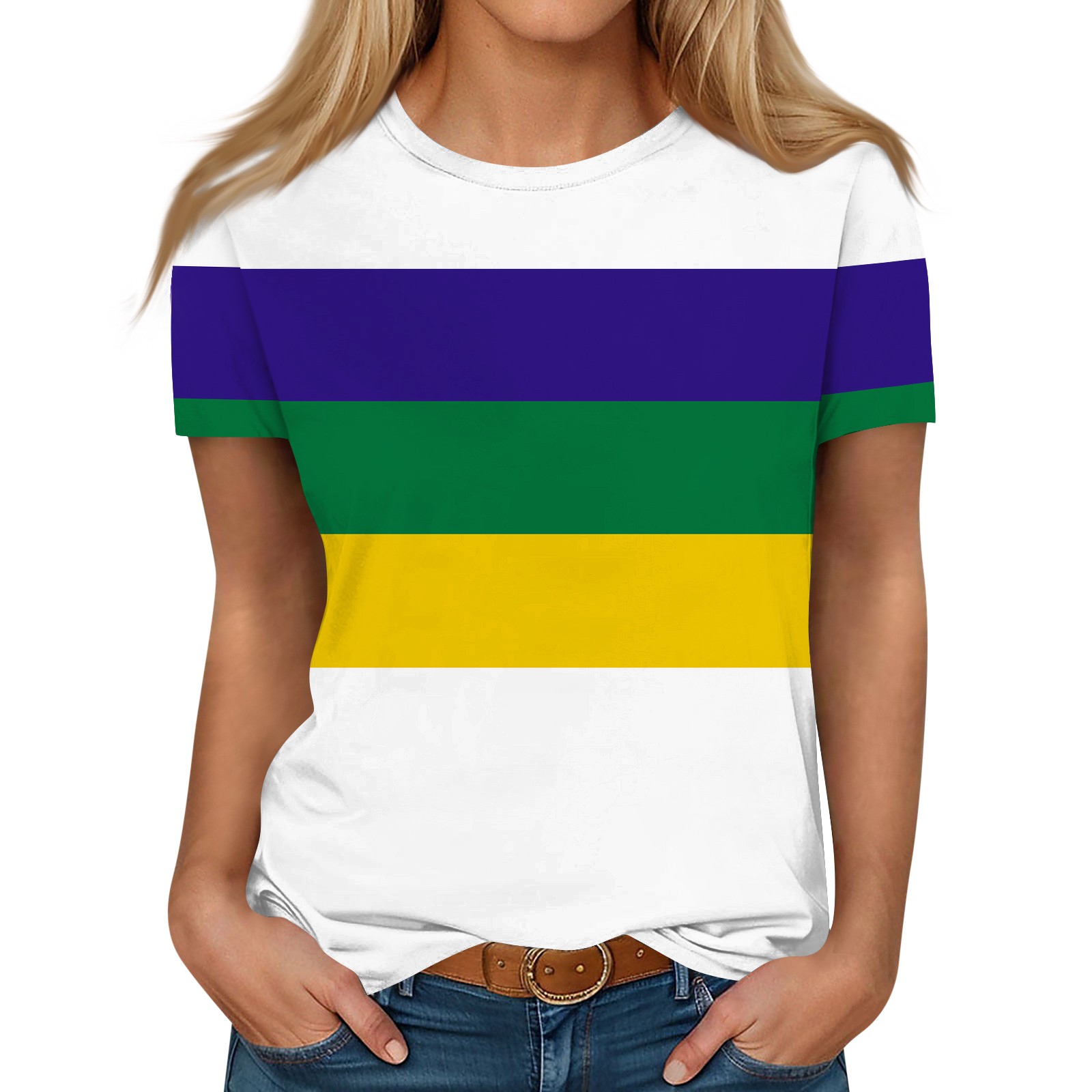 DENGDENG Mardi Gras Womens Short Sleeve Crew Neck Tee Shirts Oversized 