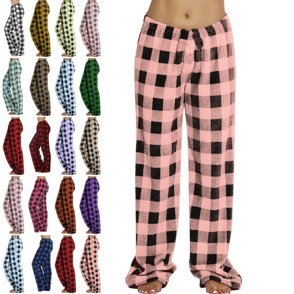 DENGDENG Matching Christmas Pajama Pants Flannel Fuzzy Warm Buffalo Plaid Pjs Bottoms Winter Lounge Fleece Sleepwear Pants Plush Straight Leg Fluffy Holiday Pajamas Pants Watermelon Red XL