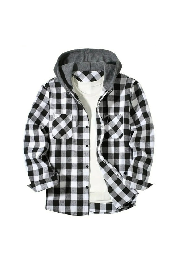 Mens Flannel Hoodie Fall Long Sleeve Plaid Shirt Checkered Jackets Casual Western Hooded Button Down Hoodie White XXL
