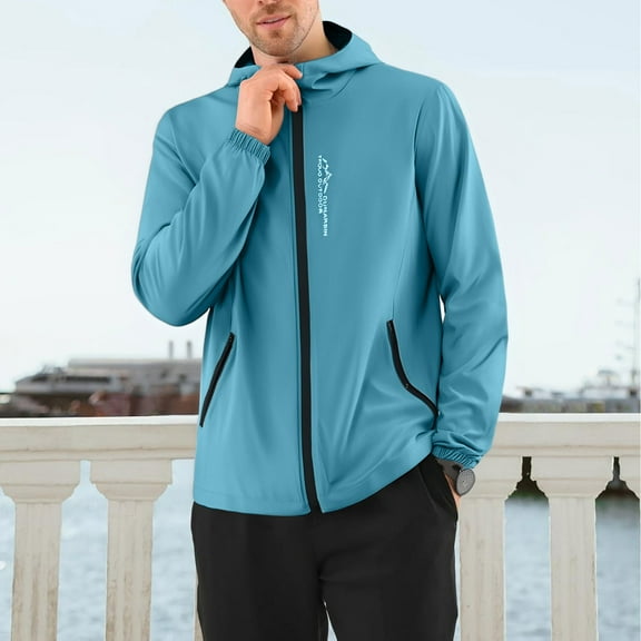 DENGDENG Mens Lightweight Rain Jacket Loose Fit Waterproof Raincoats with Hood Casual Windbreaker Travel Trench Outdoor Rain Coat Sky Blue 4XL