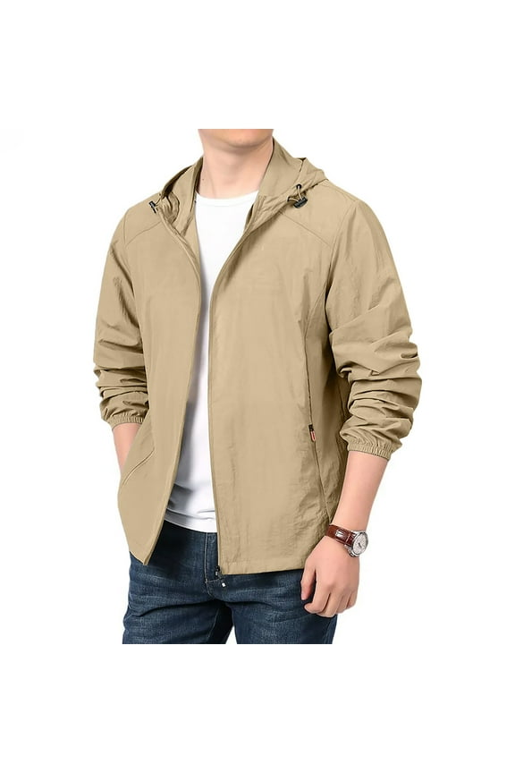 Mens Raincoat with Hoodie Lightweight Windbreaker Rain Jacket Plus Size Waterproof Long Outdoor Travel Rain Coat Khaki XXL