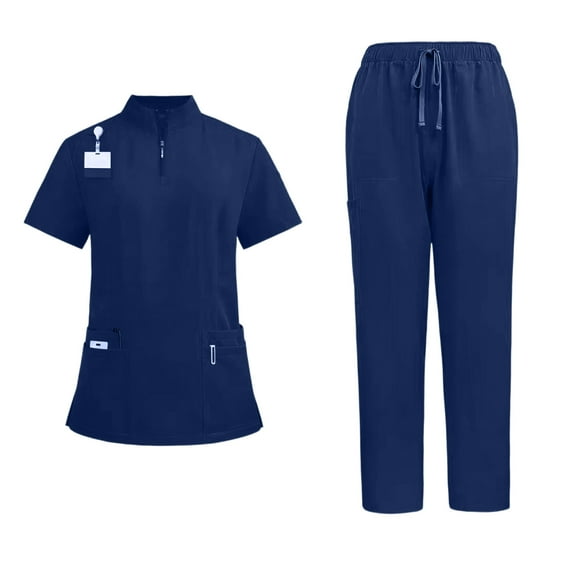 DENGDENG Navy Womens Scrubs Sets Workwear Nurse Uniform Short Sleeve V Neck Scrub Tops and Elastic Waist Jogger Pants Soft and Stretchy Nursing Quick Drying Scrub Suit with Multi Pocket, XL
