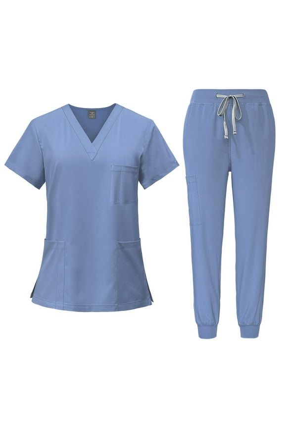Nurse Uniforms Women Set Stretch Nursing Short Sleeve V-Neck Scrub Tops & Straight Leg Jogger Pants Work Nurse Uniform Quick Drying Scrubs Set with Multi Pocket,Light Blue XL