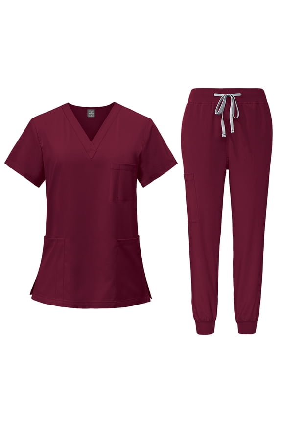 Nursing Scrubs for Women Set Work Nurse Uniform V-Neck Short Sleeve Scrub Tops Jogger Pants Stretch Nursing Loose Fit Scrubs Set with Multi Pocket,Wine L