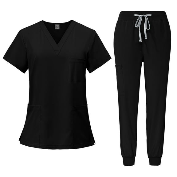 DENGDENG Nursing Scrubs for Women Workwear Nurse Uniform Short Sleeve V-Neck Scrub Top Jogger Wide Leg Pants 4 Way Stretch Nursing Loose Fit Scrub Suit with Pockets,Black XXL