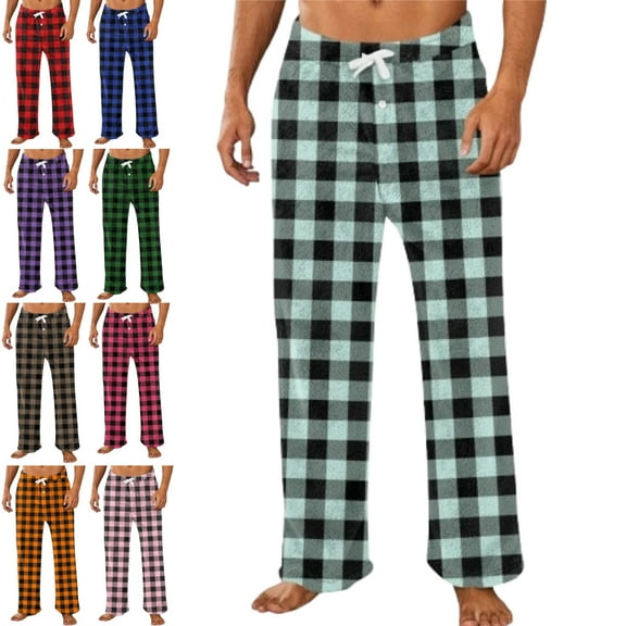 DENGDENG Pajama Men Flannel Fuzzy Baggy Christmas Buffalo Plaid Pjs Bottoms Warm Fleece Loungewear Sleep Pants Winter Elastic Waist Drawstring Funny Cozy Pajama Pants with Pockets Mint Green L
