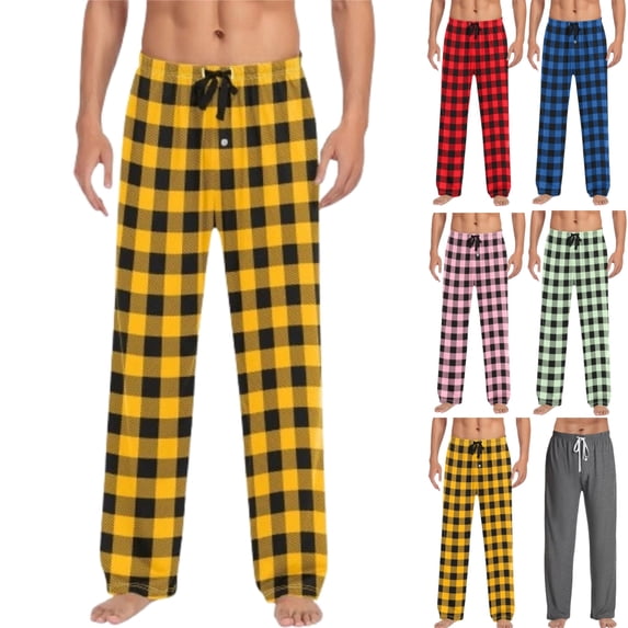 DENGDENG Pajama Pants Men Christmas Buffalo Plaid Cozy Drawstring Pajamas Pants Warm Loungewear Baggy Sleep Plus Size Pants Elastic Waist Wide Leg Cute Pjs Bottoms Gold L