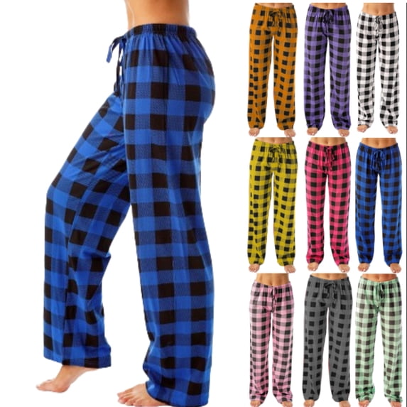 DENGDENG Womens Pajamas Fall Comfy Plaid Sleep Pj Pants Stretchy Christmas Elastic High Waisted Lounge Pants Loose Fit Drawstring Wide Leg Pajama Pants with Pockets Blue L