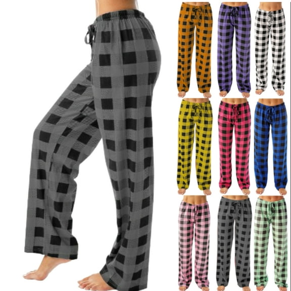DENGDENG Pajamas for Women Comfy Plaid Lounge Pj Bottoms Fall Drawstring Elastic High Waisted Wide Leg Pants Baggy Christmas Sleepwear Pajama Pants with Pockets Black L