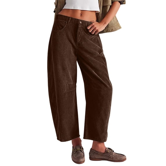 DENGDENG Petite Corduroy Pants for Women Vintage Low Rise Barrel Work Casual Straight Wide Leg Cropped Pants Winter Plus Size Trousers with Pockets Brown L
