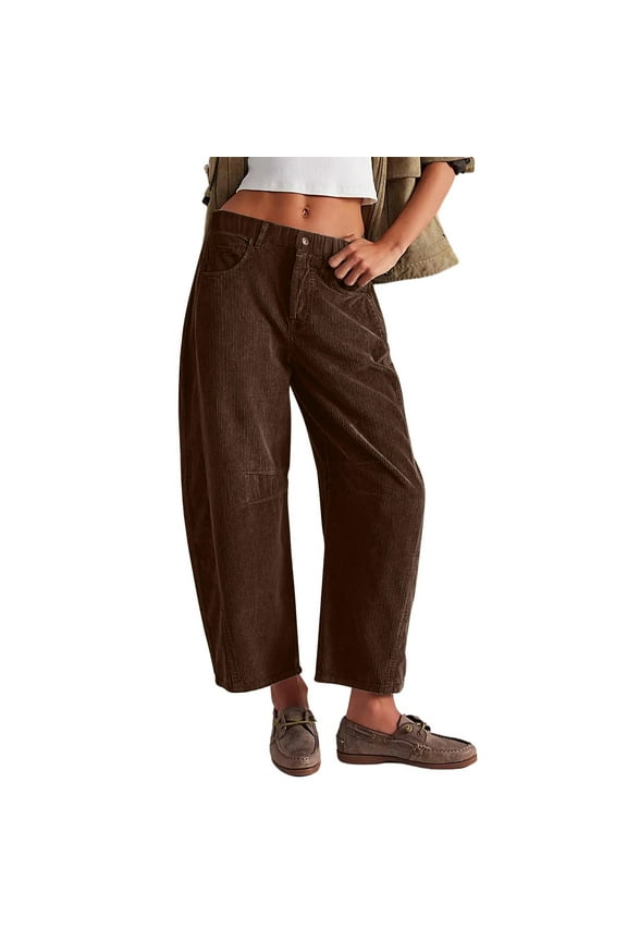 Petite Corduroy Pants for Women Vintage Low Rise Barrel Work Casual Straight Wide Leg Cropped Pants Winter Plus Size Trousers with Pockets Brown L