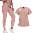 thumbnail image 1 of DENGDENG Petite Lounge Sets for Women Work Nurse Uniform V-Neck Short Sleeve Scrub Tops & Elastic Waist Jogger Pants Soft and Stretchy Nursing Trendy Scrub Suit with Pockets,Pink M, 1 of 5