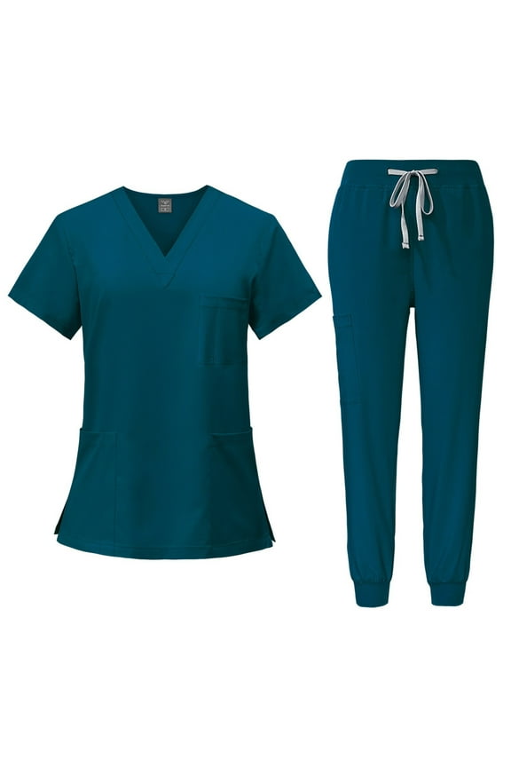 Womens Scrub Set Soft and Stretchy Nurse Uniform Short Sleeve V Neck Scrub Tops and Jogger Wide Leg Pants Workwear Nursing Breathable Scrub Suit with Pockets,Turquoise M
