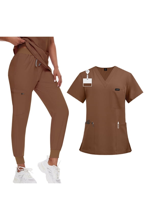Petite Scrubs for Women Sets Work Nurse V-Neck Short Sleeve Scrub Top & Elastic Waist Jogger Pants Stretch Nursing Uniform Quick Drying Scrub Suit with Pockets,Brown XL