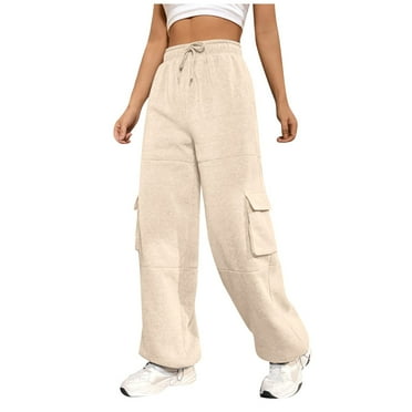 DENGDENG Petite Sweatpants for Women With Pockets Drawstring Wide Leg Sweatpants Trendy Casual Elastic High Waisted Joggers Pants Y2k Long Lounge Pants Beige M