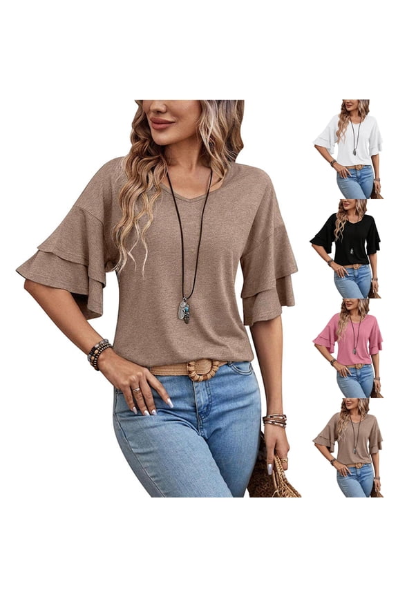 Pleated Flounce Sleeve V Neck Casual Shirt for Women Loose Fit Spring Summer Top, #03 Camel M