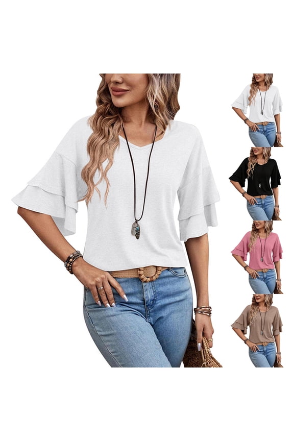 Pleated Flounce Sleeve V Neck Casual Shirt for Women Loose Fit Spring Summer Top, #03 White S