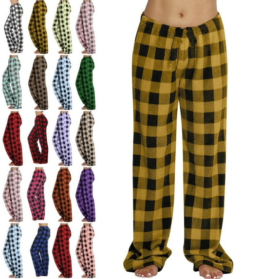 DENGDENG Plus Size Christmas Pajamas for Women Flannel Fuzzy Plaid Cute Pj Bottoms Warm Sleep Fleece Loungewear Pants Soft Elastic Waist Holiday Fluffy Pajamas Pants Earthy Yellow S