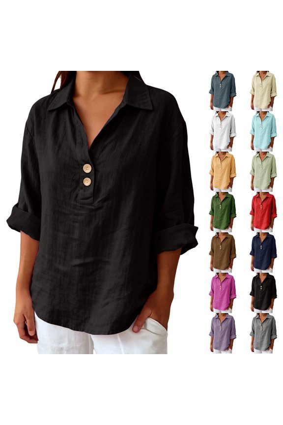 Plus Size Linen Shirts for Women Spring Cotton 3/4 Sleeve Button Collared V Neck Tunic Tops Clothes, #02 Black XXL