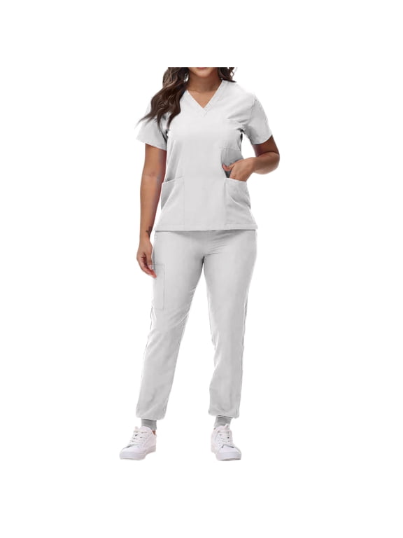 Plus Size Scrub Sets for Women Stretch Stretch Nurse Uniform V-Neck Short Sleeve Scrub Top Jogger Wide Leg Pants Work Nursing Trendy Scrub Suit with Pockets,White XXL