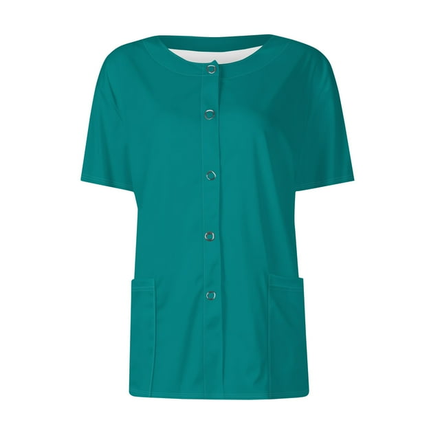 DENGDENG Plus Size Scrubs for Women Stretch Top Cute Crew Neck Solid Color Print Scrub Tops Casual Snap Front Summer Short Sleeve Workwear Nursing Uniform with Pockets Turquoise XL