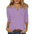 thumbnail image 1 of DENGDENG Plus Size Tops for Women 3/4 Sleeve Loose Fit Casual V Neck Solid Shirts Petite Summer Elbow Three Quarter Length Sleeve Tshirt Work Dressy Blouse Business Pullover Light Purple M, 1 of 5