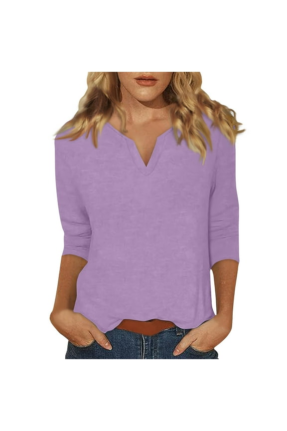 Plus Size Tops for Women 3/4 Sleeve Loose Fit Casual V Neck Solid Shirts Petite Summer Elbow Three Quarter Length Sleeve Tshirt Work Dressy Blouse Business Pullover Light Purple M
